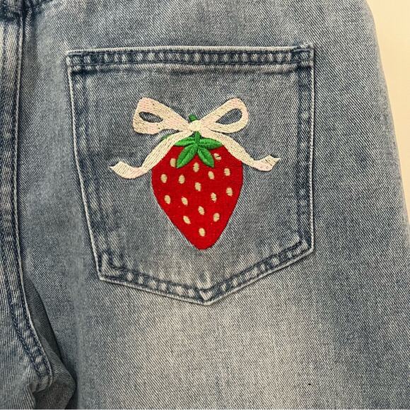 Forever 21 Blue Wide Leg Embroidered Strawberry Bow Jeans Size Large - Picture 9 of 16